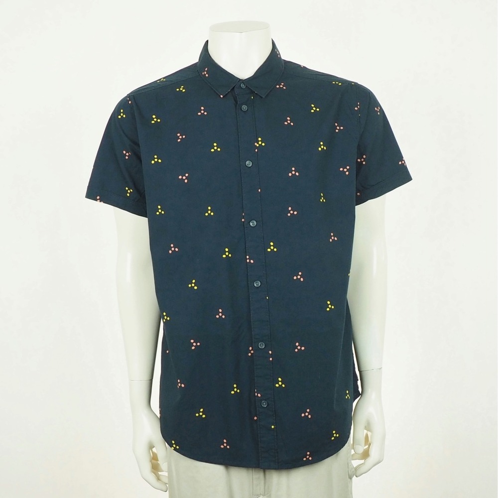 RVCA Button Down Shirt Mens XL Navy Blue Slim Fit AOP Print Casual Cotton Blend